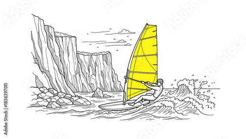 Vector art of windsurfer in action near rocky cliffs with bright yellow sail