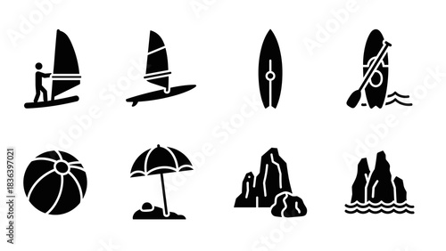 Minimalist beach icons: surfboards, sailboats, and more for summer fun