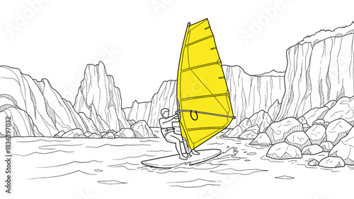 Windsurfing adventure in rocky canyon with yellow sail