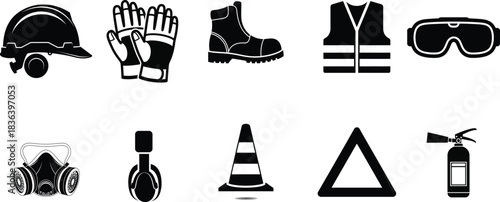Safety Gear and Protective Equipment Construction, Industry, Workplace Essentials Icons
