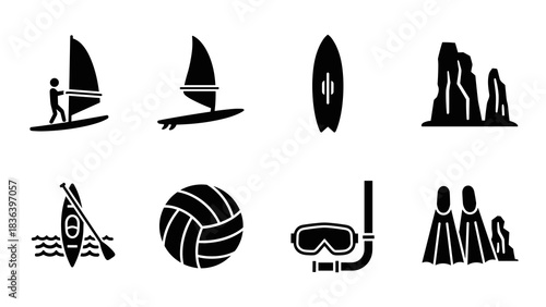 Adventure icons: water sports and rock climbing silhouettes