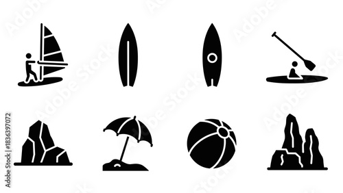 Beach activity icons: water sports, surfboards, and relaxation elements
