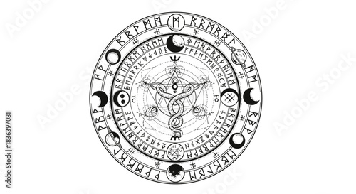 Mystical Alchemical Symbol with Runes and Celestial Elements.