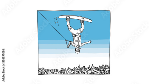 Upside down wakeboarding stunt over forest with blue sky background