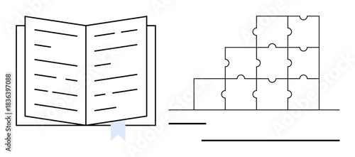Learning concept. Open book with bookmark alongside puzzle pieces education, knowledge sharing, and problem solving. Learning resources and growth. For education, teaching, self-growth, logical