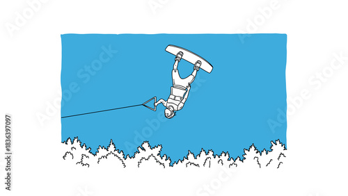Minimalist wakeboarding adventure with dynamic tricks on a vibrant blue background