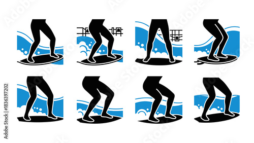 Silhouette icons of surfers balancing on waves with minimalist design