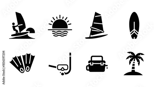 Set of vacation icons featuring water sports and tropical elements