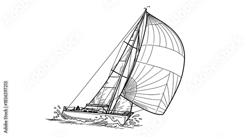 Dynamic linear sailing yacht with billowing sails on water