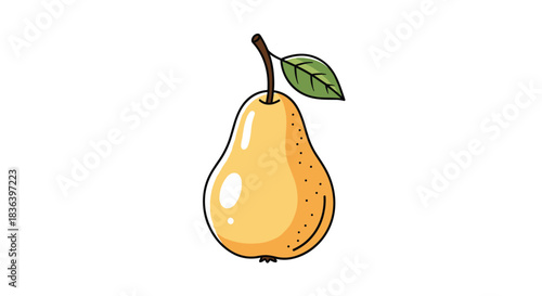 Cute cartoon illustration of a single ripe yellow pear with a green leaf and stem isolated on a plain white background.