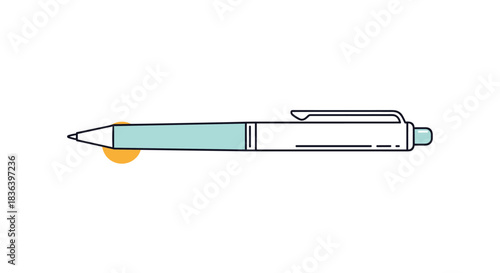 Clean and simple line art illustration of a ballpoint pen with a light blue grip and minimal orange dot accents on a white background.