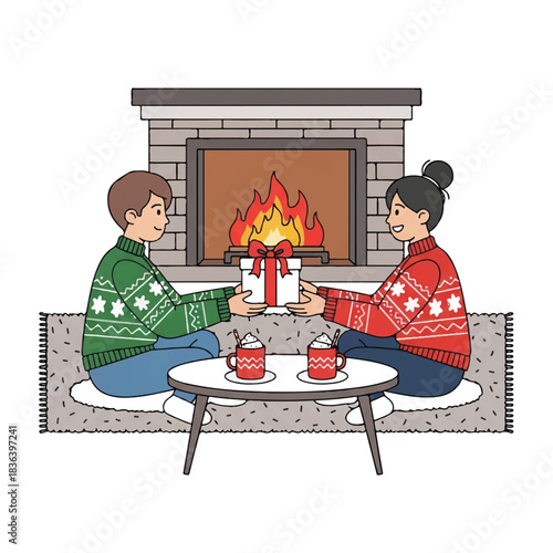 Illustration of a man and woman in festive sweaters sitting by a fireplace exchanging gifts with warm beverages on a coffee table.