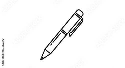 Simple and clean black outline icon of a retractable ballpoint pen for school or office use isolated on a white background.