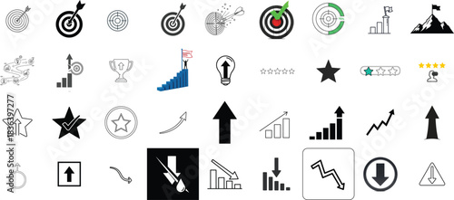 Set of Diverse Icons Depicting Targets, Arrows, and Growth for Business and Success Concepts