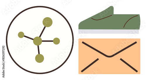 Network graphic alongside green shoe and envelope icon suggests ideas of connection, creativity, communication, and fashion. Ideal for business, online shopping, lifestyle, branding, teamwork