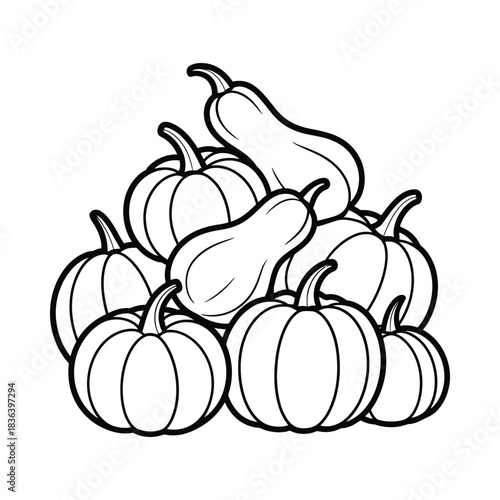 Black and white outline drawing of a pile of pumpkins and gourds