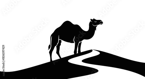 Silhouette of a Camel on a Desert Dune Path.