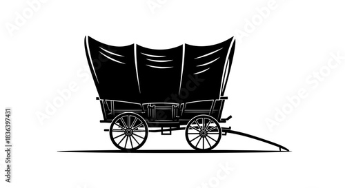 Silhouette of a vintage covered wagon on a white background.
