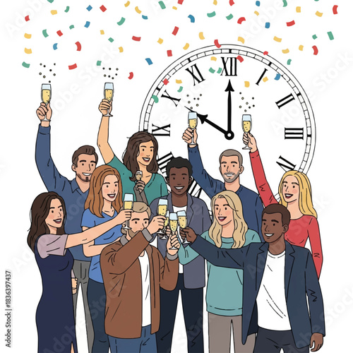 Diverse group of people celebrating with champagne in front of a large clock striking midnight, surrounded by colorful confetti.