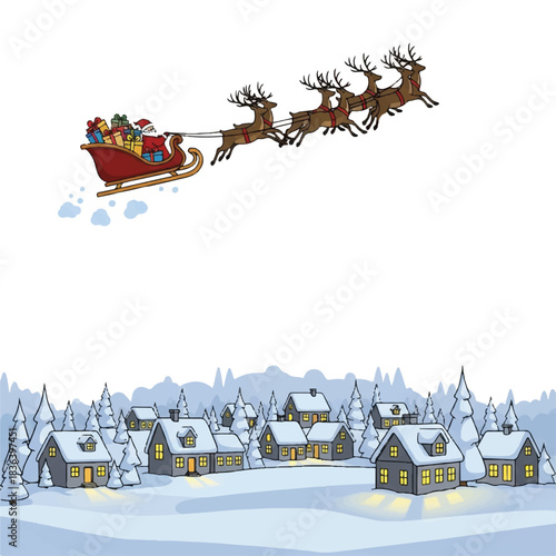Santa Claus rides through a snowy night sky in his sleigh pulled by reindeer over a quaint village with snow-covered houses and trees.