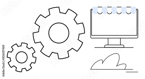Workflow optimization, technology integration, automation, digital solutions, technical processes, efficiency. Gear wheels beside a computer screen. Workflow optimization and technology integration