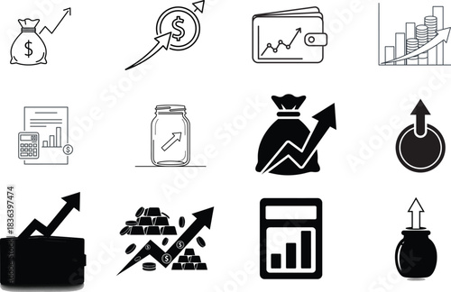 A versatile set of finance and money icons illustrating concepts of economic growth, investment returns, and wealth accumulation