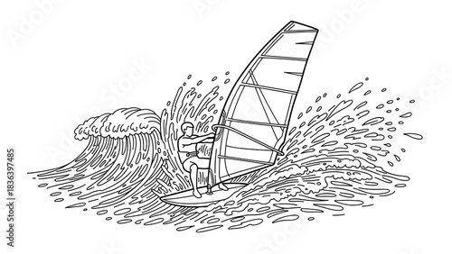 Dynamic line drawing of windsurfer riding powerful wave with splashing water