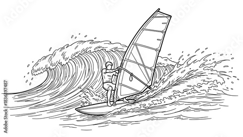 Dynamic line art of windsurfing adventure with massive wave action
