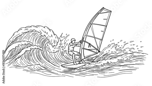Line art of windsurfer navigating ocean waves with dynamic motion