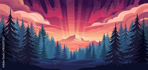 A breathtaking sunset behind a lush forest, displaying vibrant colors and dynamic cloud formations, evoking feelings of peace and appreciation for nature's beauty.