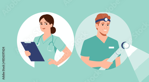 An illustration of healthcare professionals in scrubs, depicting a doctor and a nurse, symbolizing teamwork and dedication in providing care to patients in modern medicine.