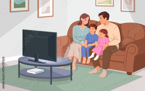 This family illustration portrays togetherness as parents and their children sit back on a sofa enjoying a movie, showcasing the warmth of family ties during leisure moments.