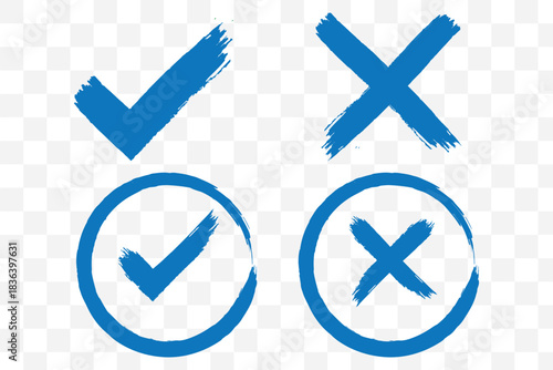 Hand drawn check tick mark icon set. x marks, checkboxes, and checklist symbols including right and wrong signs in brush marker style.