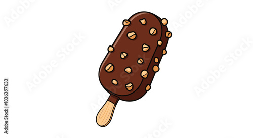 Delicious cartoon chocolate covered ice cream bar on a stick with crunchy peanut topping isolated on a plain white background.
