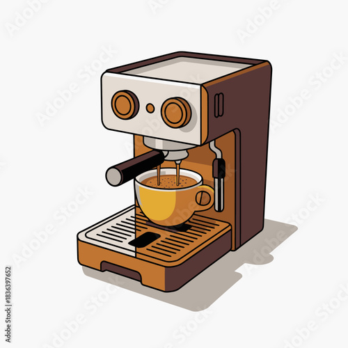 A stylish espresso machine elegantly dispensing rich coffee into a vibrant yellow cup, highlighting both functionality and modern design in a cozy kitchen setup.
