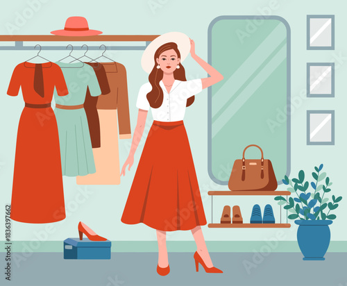 The image showcases a fashionable woman trying on a chic outfit in front of a mirror, highlighting style, confidence, and personal expression in a vibrant boutique setting.