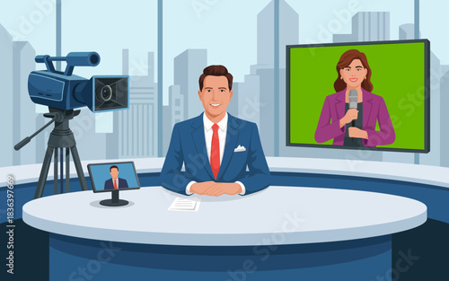 A professional news studio scene featuring a male anchor at the forefront and a female reporter broadcasting on a screen, representing journalism and media activities.