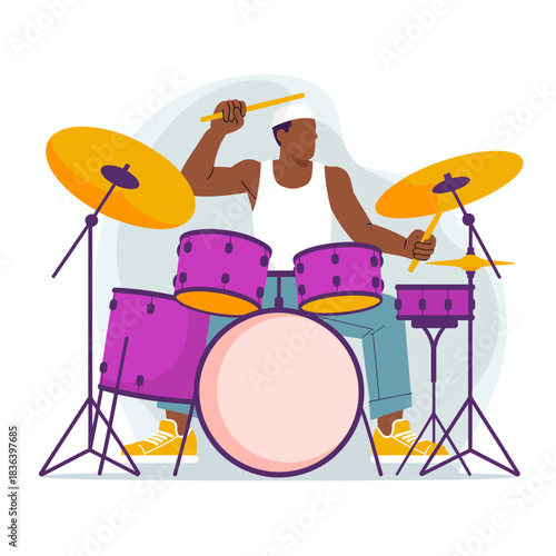 This vibrant illustration showcases a drummer energetically playing on a bright stage, capturing the essence of music, rhythm, and artistic performance in motion.