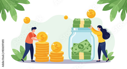 Vector illustration of a couple saving money with a man stacking coins and a woman putting cash into a large glass jar.