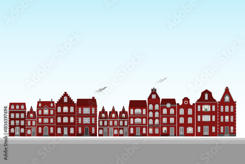 Illustration of a row of classic European-style red brick buildings, featuring arched windows, decorative gables, and varied rooflines, giving each building a unique character.