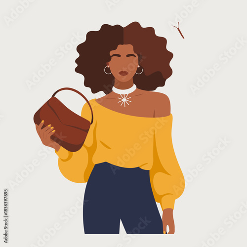 A fashionable woman stands elegantly holding a handbag with a butterfly above her shoulder, symbolizing beauty, style, and grace in a modern aesthetic.