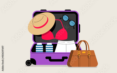 An artistic representation of a stylish suitcase packed for a vacation, featuring essentials like a bikini, hat, and sunglasses, symbolizing adventure and leisure.