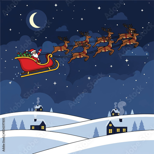 Santa Claus rides in his sleigh pulled by reindeer under a crescent moon in a starry night sky over a snowy village with houses and trees.