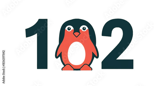 Cute penguin illustration with numbers one zero and two.