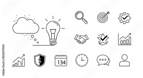 Business, Planning, and Success Icons Set: Idea, Goals, Growth, Finance, Time Management, and Communication Line Art Symbols.