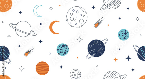 Seamless childish pattern of colorful cartoon planets stars comets and moons on a clean white background for kids decor.