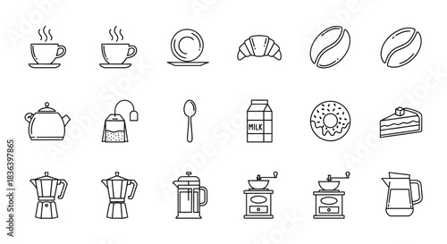 Outline Vector Icon Set of Coffee Shop, Tea, and Breakfast Items