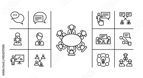 Business Communication, Meeting, Brainstorming, and Teamwork Icons Set in Thin Line Vector Style.