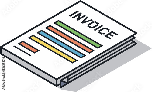 Isometric illustration of a paper invoice document with colorful lines on