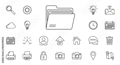Minimalist Outline Icon Collection for Web and Mobile Interfaces: Essential UI Symbols for Technology and Business.